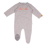 Bla Bla Bla pyjama grijs lange mouwen melee oranje letters omgedraaid voetje