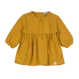 Bla Bla Bla jurk lange mouwen oker voorkant 2 neepjes plooien ronde hals 2 zakjes