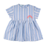 Bla Bla Bla jurk korte mouwen verticaal gestreept licht blauw wit regenboog links borsthoogte