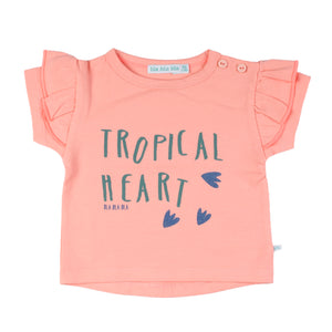 Bla Bla Bla t-shirt korte mouwen met franjes oud of zalm roze oranje groen tropical heart 2 knopen halskant links ronde hals