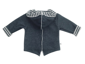 bamboom dubbelzijdig jas kap blauw grijs zwart gestreept antraciet hoodie drukknopen bamboo katoen