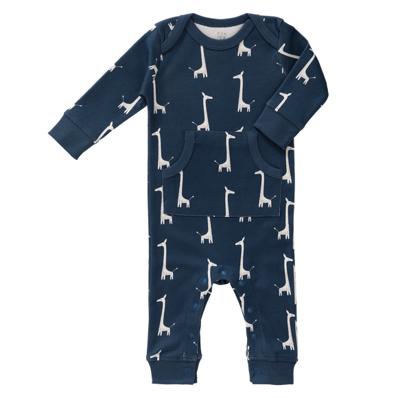 fresk pyjama zonder voet zak op buik lange mouwen wit donker blauw giraf organische bio katoen gots