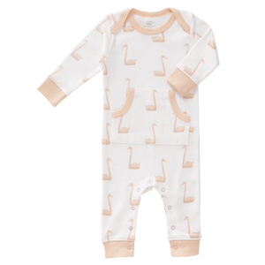 fresk pyjama zonder voet zak op buik lange mouwen wit perzik zwaan organische bio katoen gots