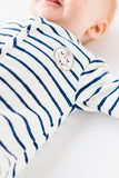 Zero2three logo slapende uil met roze detail overall gestreept wit blauw stukje baby